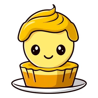 sticker emoji of a custard flan dessert, top shaped like François Fillon's head and hairstyle, friendly expression sticker