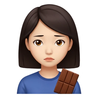 A young Asian female with a gloomy expression, thinking of chocolate sticker