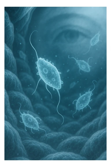 A detailed macro-style image of a translucent human intestinal wall under extreme magnification. Floating nearby are multiple protozoa — small, semi-transparent, shapeshifting organisms with flagella or cilia, glowing faintly under the microscope. In contrast, a faded overlay silhouette of a human eye is shown in the background, symbolizing how these organisms are invisible to unaided vision. The scene is softly lit with cool bluish tones, evoking a clinical and microscopic atmosphere. Focus is hyper-sharp on the protozoa, with blurred organic tissue textures in the background. Educational yet haunting, it shows how much remains unseen inside the body sticker