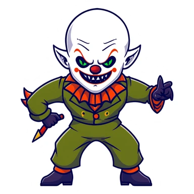 evil clown warrior, bald, small black satan-like horns on forehead, fangs, pointed ears, black and military green leisure suit with bellbottom pants, realistically proportioned, less bulky, full body, battle-ready fighting posture sticker