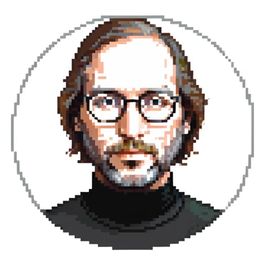 Steve Jobs with black turtleneck, round glasses, beard sticker