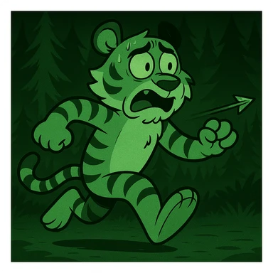 Make the cartoonish tiger run away from an arrow, add a dark forest background with a night vision effect, keep the flat toon style. sticker