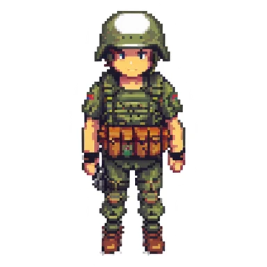 pixel art style soldier with gun, chest rig, backpack, and helmet sticker