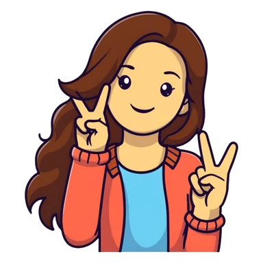 Young woman with long brown hair, smiling, making peace sign, TikTok star sticker