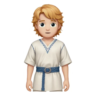 Medieval spring outfit worn by a DnD themed fantasy male character. Soft white cotton tunic with blue thread detailing along the seams, paired with a hand-woven belt of mixed fibers. Clothes only above the waist, full waist coverage. The character has no arms. Character is white-skinned with strawberry blonde hair, steel gray eyes, and medium-length wavy hair. sticker