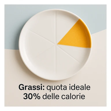 realistic image of a plate divided into colored sections, one slice of 30% occupied by healthy fats, caption in Italian: 'Grassi: quota ideale 30% delle calorie', clear and engaging style, modern background sticker