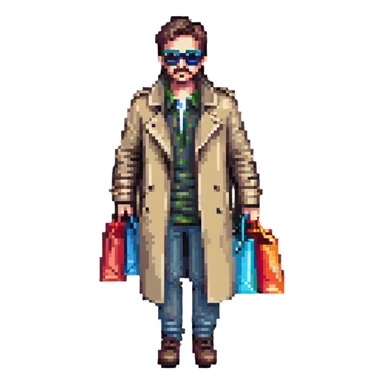 mystery shopper wearing trench coat and sunglasses, holding shopping bag, pixel art style sticker