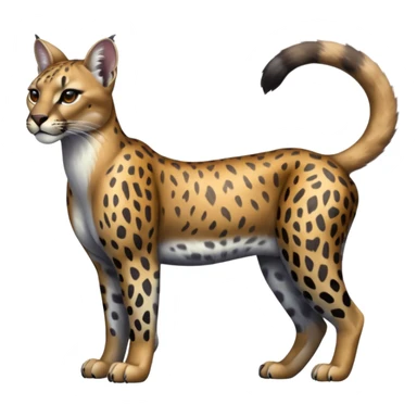 Realistic patterned marked edgy greyish blackish whitish silvery Shiny Colorful Glossy Cougar-Leopard-Caracal-Lioness-Bobcat-fusion-animal-hybrid-creature, full body, tufted ears, long thin tufted tail sticker