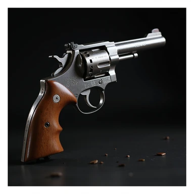 a realistic gun with heart-shaped details, chrome and steel, dramatic shadows, photorealistic style sticker