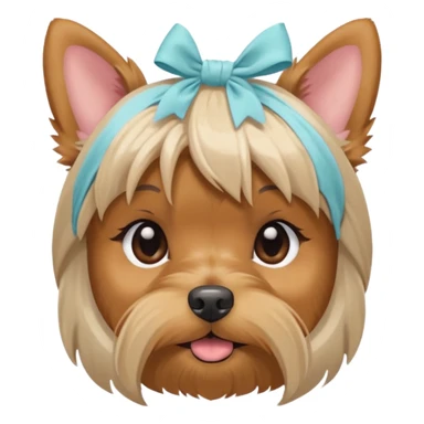 a Yorkshire Terrier face with a ponytail on head tied with a soft beige bow. Cute expression, flat design, pastel colors sticker