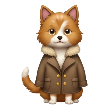 A dog wearing a cat with a coat sticker