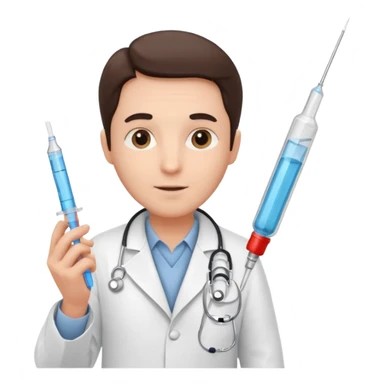 doctor of medicine holding very big syringe sticker