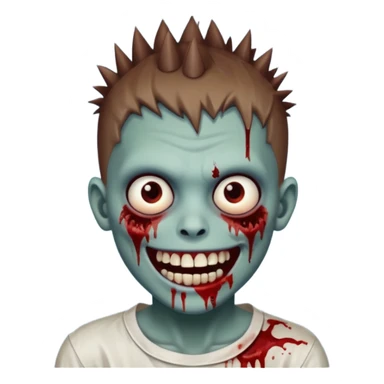 zombie boy with brown short spiky hair, white skin, and white eyes; an open smile, and bloodied teeth; sticker