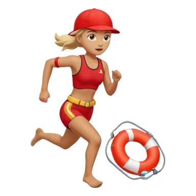 Female lifeguard – red cap, running along shore with rescue buoy sticker