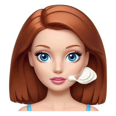 A Barbie face blue eyes with shoulder-length reddish brown hair, makeup with a cream mask on her face on her head sticker