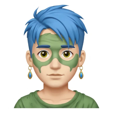 messy green clay mask man with earrings and blue hair sticker