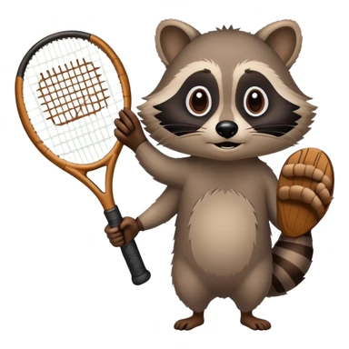 tennis racket held by a raccoon paw and forearm, no raccoon body sticker