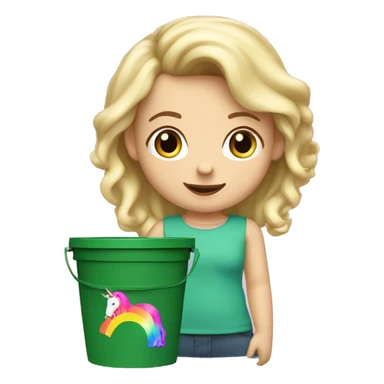 Caucasian female two year-old with blonde hair, ￼￼ writing, a pink unicorn with rainbow colored hair inside of a green bucket sticker