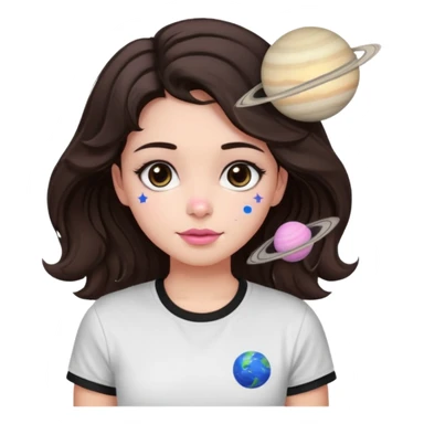 I want to design a girl with wavy hair that is dark brown, close to black And you wear a T-shirt Its color above the neck and sleeves is black The bottom is white, with a star and the planet Saturn on it Her eyes are also dark brown, and her cheeks are pink sticker