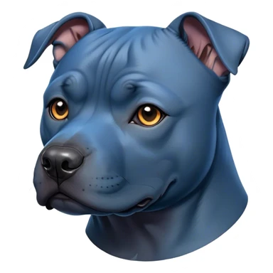 Cinematic Noble Blue Staffordshire Bull Terrier Portrait Emoji, Poised and regal, with a compact, muscular build and a sleek, well-groomed blue Fur, deep-set soulful dark eyes, Simplified yet sharp and sophisticated features, highly detailed, glowing with a soft, dignified glow, high shine, intelligent and loyal, stylized with an air of strength, focused and attentive, soft glowing outline, capturing the essence of a watchful and confident guardian, so majestic it feels as though it could stride out of the screen with effortless authority! sticker