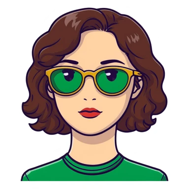 woman with pale skin, brown wavy hair, green eyes, gold glasses sticker
