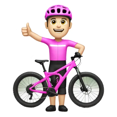 mountain biker with white skin, on pink bike with thumb up sticker