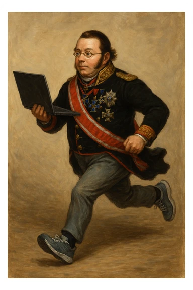 Павел Николаевич Демидов в своем костюме но при этом в кроссовка но с ноутбуком в руках бежит вперед, рисованный стиль sticker