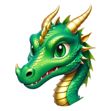 Cinematic Cute Dragon Portrait Emoji, Head tilted playfully and inquisitively, featuring a sleek, serpentine form adorned with iridescent scales that shift between emerald and gold, a delicate set of subtle horns, and round, sparkling eyes full of curious magic; rendered with realistic detail and warm natural light, high shine, affectionate and enchanting, styled with a touch of whimsical fantasy, soft glowing outline, capturing the essence of a mischievous yet lovable dragon that seems poised to slither playfully into your arms! sticker