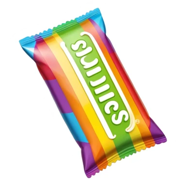 An extremely minimalist Skittles package, simple rainbow stripe design with a few green candies. Very clean and simplified. sticker
