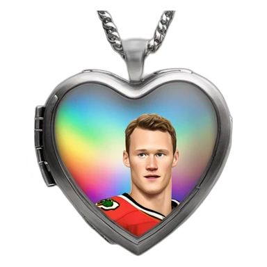Jonathan Toews inside a rainbow locket heart sticker