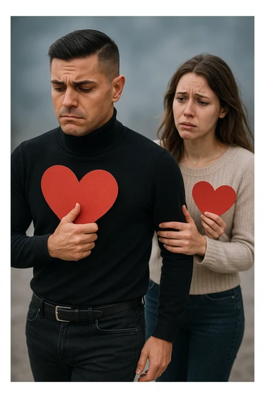 un uomo italiano in abiti casual si allontana da una donna che cerca di abbracciarlo. Lui stringe al petto un grande cuore rosso, mentre lei ne tiene uno più piccolo; entrambi hanno espressioni tristi, e la distanza emotiva è sottolineata da uno sfondo sfocato e freddo. sticker