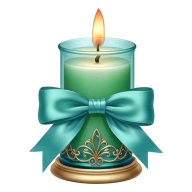 A soft blue candle in an ornate green glass holder, tied with a delicate satin blue bow. sticker