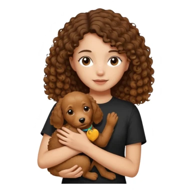 A girl with shoulder-length hair, dressed in a black tee, gently holding a curly-haired brown dog in her arms." sticker
