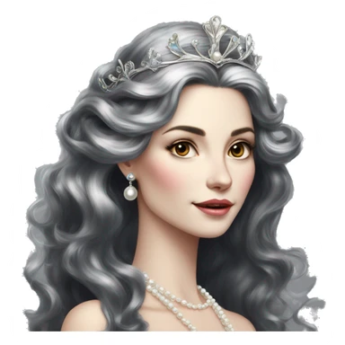 Regal pretty slender middle age woman photograph defined cheekbones high cheekbones crown vintage with very long iridescent black and silver hair wavy long hair pearl crown iridescent sticker