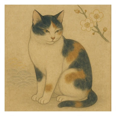 {
  "style_description": {
    "overall_look": "Traditional Japanese painting with a refined and serene aesthetic rooted in classical techniques",
    "material_simulation": {
      "primary_material": "natural pigments on washi or silk",
      "texture_detail": "subtle paper grain, matte finish, soft brushwork",
      "pattern": "occasional use of classical Japanese motifs such as plum blossoms, waves, or cranes"
    },
    "geometry": {
      "edge_style": "fluid and organic linework with gentle outlines",
      "dimensionality": "flat perspective with carefully balanced negative space"
    },
    "color_palette": {
      "scheme": "earthy and muted tones with occasional gold or mineral highlights",
      "preferred_colors": ["indigo", "sumi black", "reddish brown", "soft greens", "off-white"],
      "contrast": "low contrast, harmonious tones"
    },
    "lighting": {
      "type": "diffused, implied through tone rather than shading",
      "purpose": "maintain the contemplative and meditative quality of the piece"
    },
    "render_constraints": {
      "avoid": ["realistic lighting", "high saturation", "modern cartoon outlines", "digital gradients"],
      "focus_on": ["natural harmony", "elegance", "quiet emotional expression"]
    },
    "background": {
      "color": "neutral or light washi-inspired background",
      "style": "plain or softly patterned with traditional elements",
      "lighting_consistency": "flat and even, no cast shadows or dramatic highlights"
    }
  }
}

{subject} = cat sticker