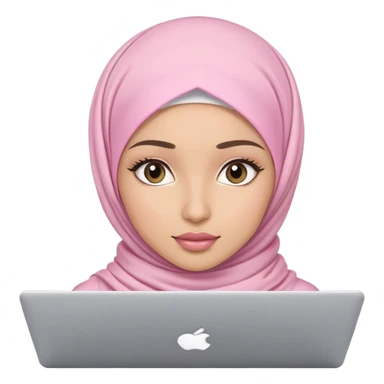 Light skin woman wearing light pink hijab with natural makeup, long eyelashes and lip gloss working behind laptop sticker