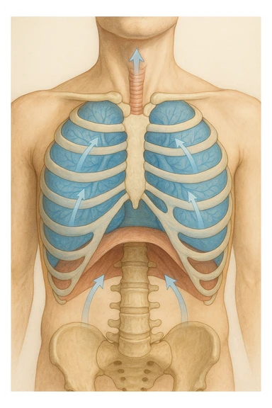 A realistic, high-quality anatomical illustration showing a human torso with visible rib cage and diaphragm. The ribs are shown in a decompressed, expanded state, allowing full lung expansion, while the diaphragm is depicted as relaxed and lowered, indicating deep, efficient breathing. Soft blue and warm tones highlight airflow and lung capacity, with light arrows illustrating the air movement during diaphragmatic breathing. The image conveys a sense of calm, openness, and optimal breathing mechanics, useful for physiotherapy, breathing education, and osteopathic learning contexts sticker
