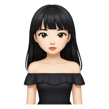Asian woman with long black hair, straight bangs, black off-shoulder dress, and visible makeup sticker
