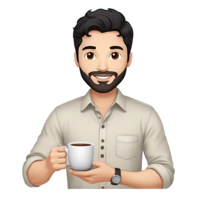 Casual portrait of a 35-year-old man with black wavy hair, stubble, strong jawline, white skin tone, wearing casual button-up shirt with rolled sleeves, holding coffee cup, friendly approachable smile, relaxed confident pose for social media sticker