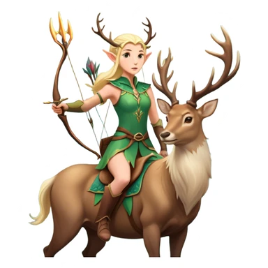 clash-of-clans-aesthetic-blond-elf-archer-portrait-emoji, rendered in a flat, vector-style with minimal shading and bold, simplified shapes, head tilted slightly forward with a determined, focused expression, riding a majestic stag whose luminous antlers glow with mystical energy, set against an ancient, enchanted forest backdrop. sticker