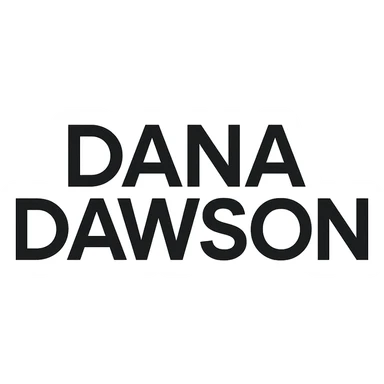 bold geometric sans-serif logo of 'Dana Dawson', modern, clean, blue accent sticker