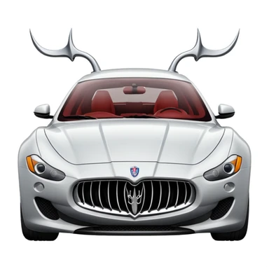 stylized emoji of a Maserati car with exaggerated curves, iconic grille and trident badge, vibrant shading, minimalistic lines, on a light gray background, focusing on elegance and motion sticker
