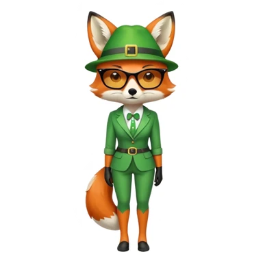 serious anthropomorphised female fox in stylish St. Patrick's Day outfit with sunglasses, looking sad and alone, full-body view sticker