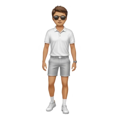 Handsome. Male. Short brown hair. Messy hairstyles. Sunglasses. Sexy pose. Full body. Wearing shorts.white golf shirt. White tekkies. Pool background  sticker