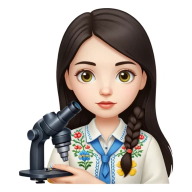 Ukrainian girl with dark hair in traditional embroidered shirt holding a microscope sticker