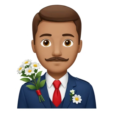Homme avec bouquet fleurs blanches, avec uniforme bleu foncé cravate rouge, arabe raie sur le coté, brun un peu bronzé et yeux marrons 23 ans bouc moustache sans fleurs sur le costume  sticker