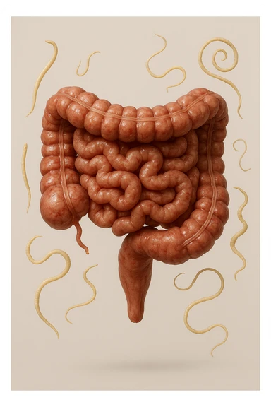 INTESTINO UMANO ANATOMICO REALISTICO FLUTTUA IN ARIA INSIEME A PARASSITI COME LA TENIA, SFONDO CHIARO, iperrealistico 4k sticker