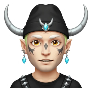 white skin Rock-style man — piercings, glowing tattoos on face, black hat with horns sticker