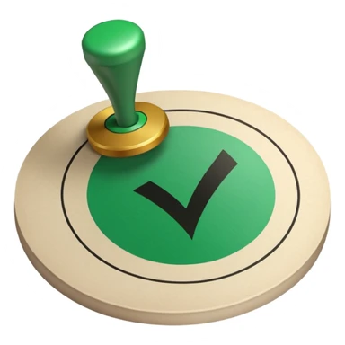 A stamp pressing down on a paper sheet, leaving a green circular mark with a check symbol inside, representing approval or verification. sticker