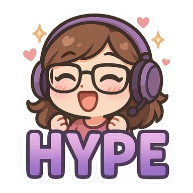 Make the HYPE letters a purple gradient and add extra cute details to the emote, such as sparkles, hearts, or blush, while keeping the chibi style, purple headset, and glasses. Transparent background. sticker
